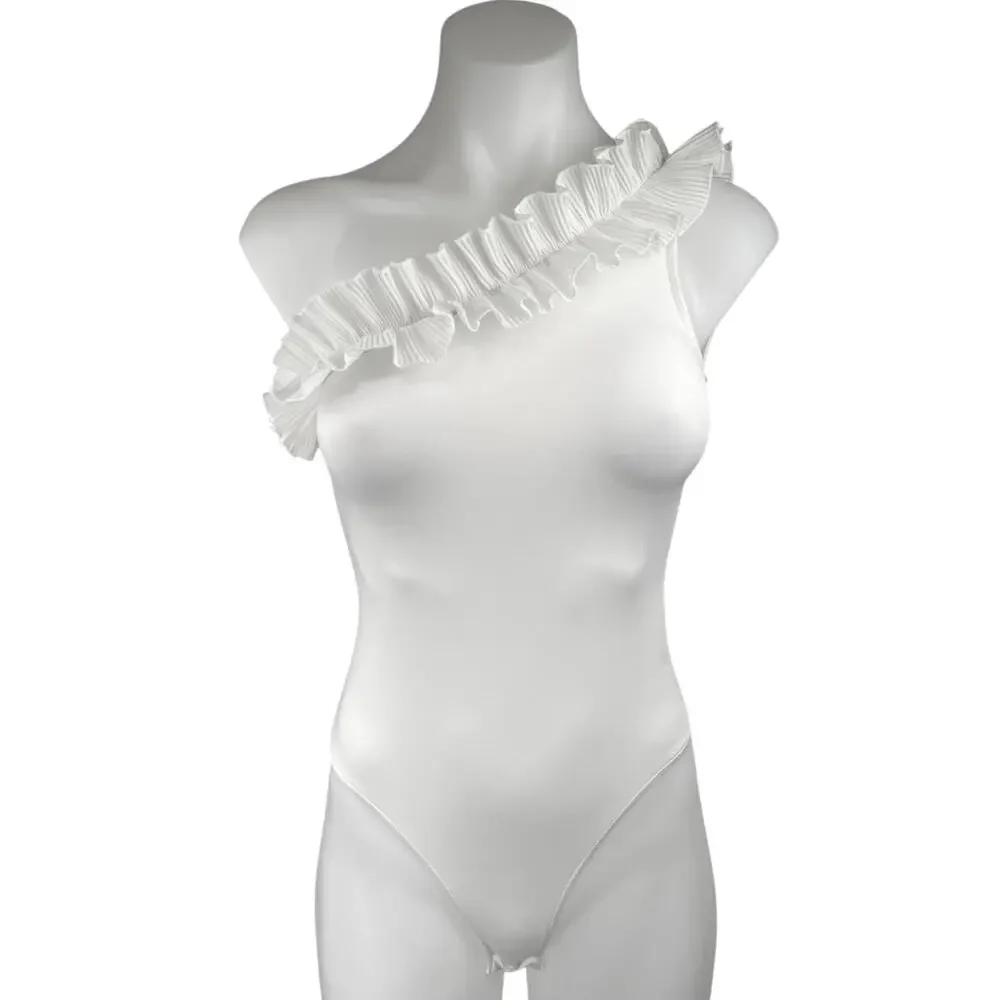 H&M Women's White One Shoulder Ruffle Stretch Sleeveless Bodysuit Top Size XS